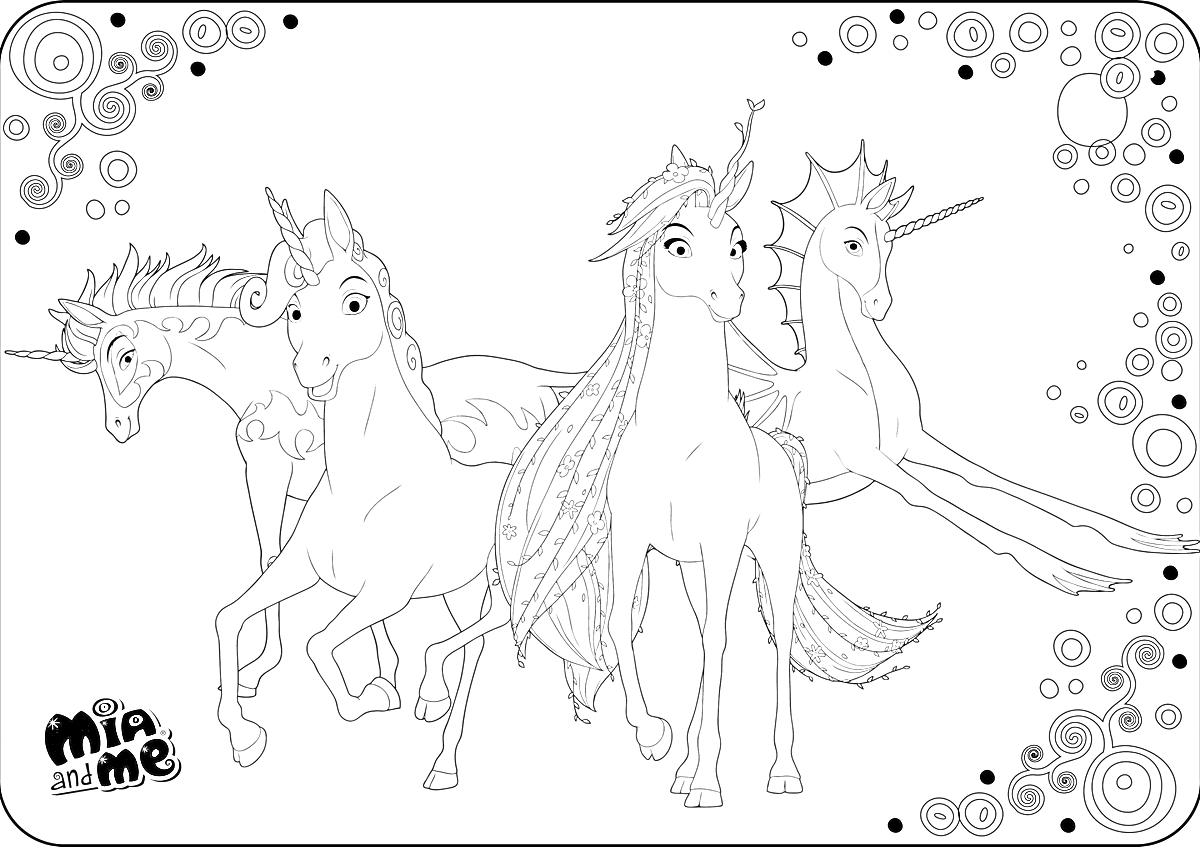На раскраске изображено: Мия и я, Единороги, Фантазия, Волшебство, Геометрические узоры, Для детей, Лошадь