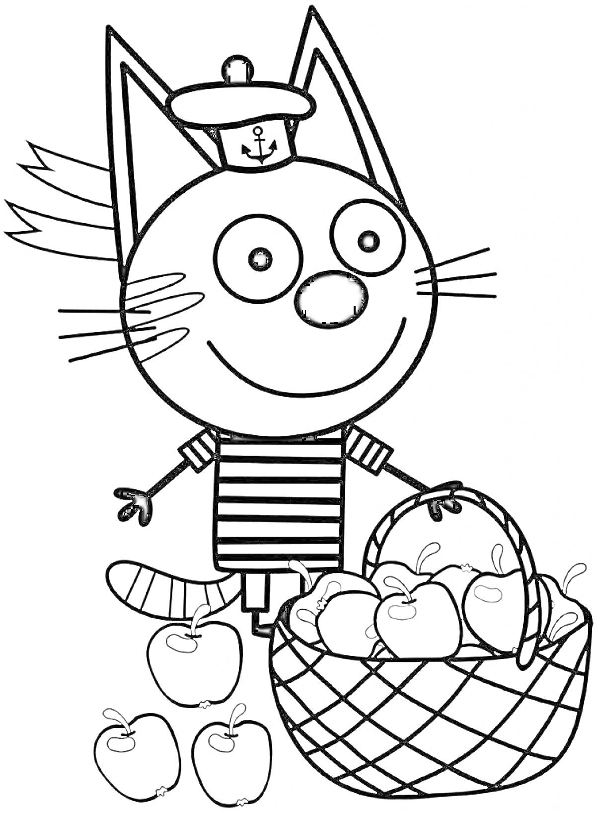 Раскраска Кот в шапке с корзиной яблок