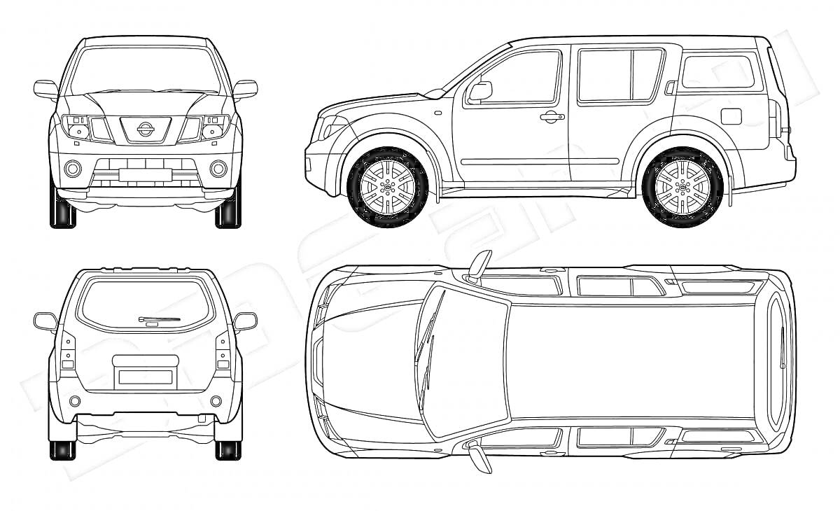 Раскраска Nissan Pathfinder, вид спереди, вид сзади, вид сбоку, вид сверху