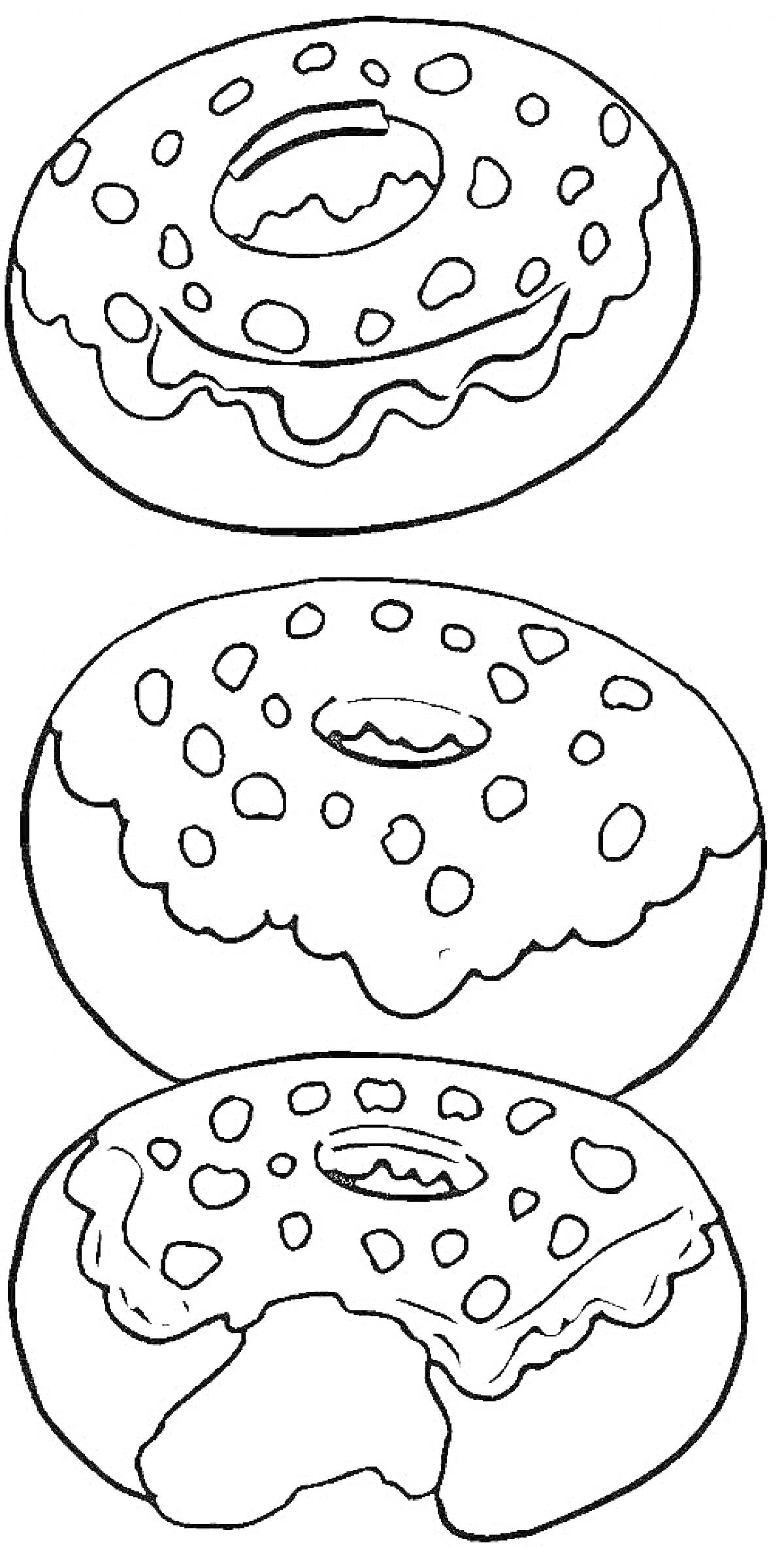 Три пончика с глазурью и посыпкой, один из которых надкушен
