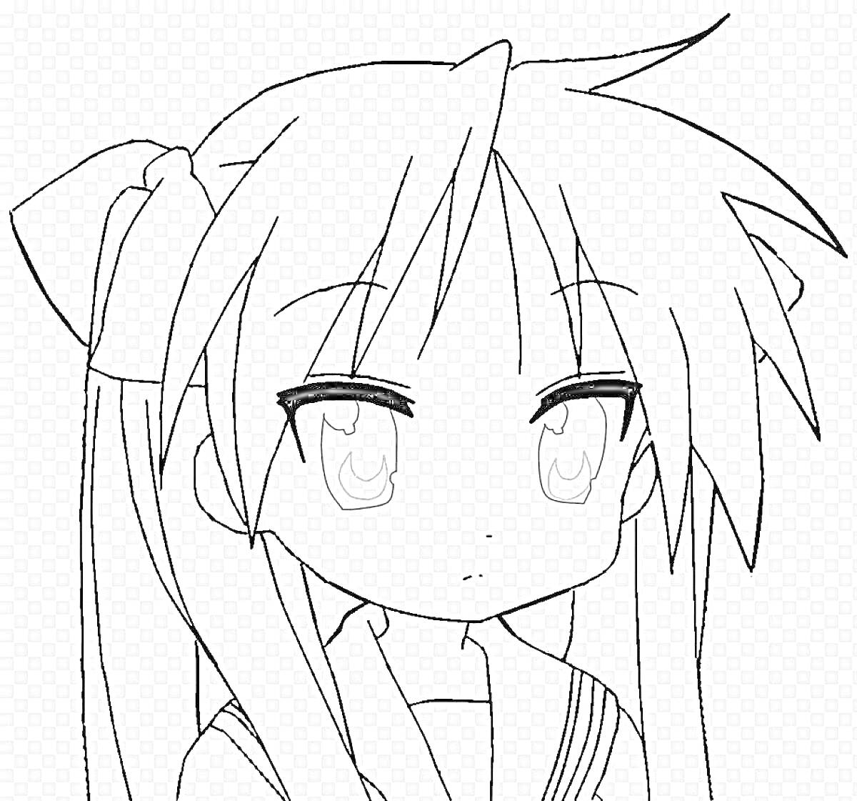 Раскраска Девушка аниме с большими глазами, длинными волосами и бантом
