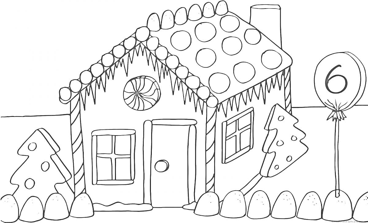 На раскраске изображено: Дом, Крыша, Плитка, Окна, Дверь, Кусты, Цифра 6, Воздушные шары, Елки, Цифры