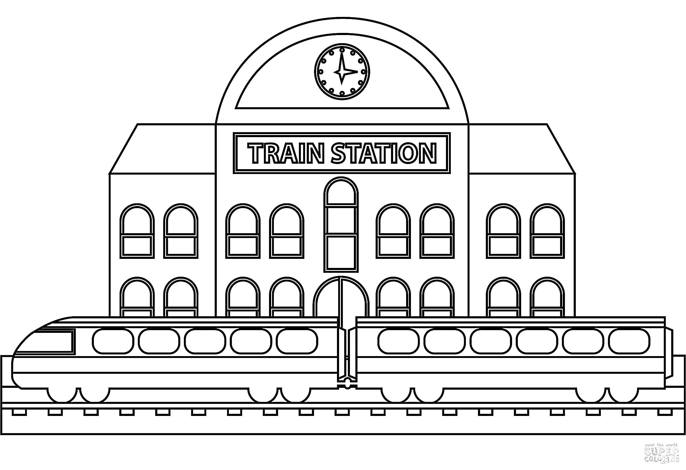 Раскраска вокзал с часами, окнами и поездом на железной дороге