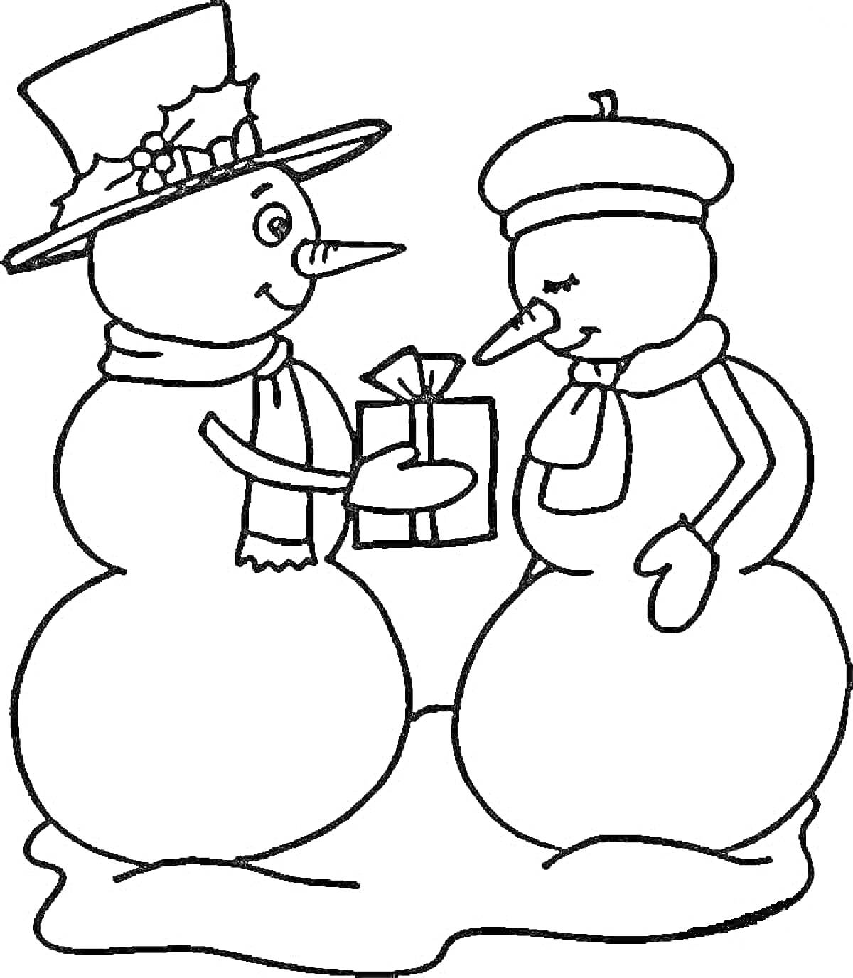 На раскраске изображено: Шляпа, Шарф, Зима, Снег, Дружба, Для детей, Подарки, Новогодние персонажи, Снеговики