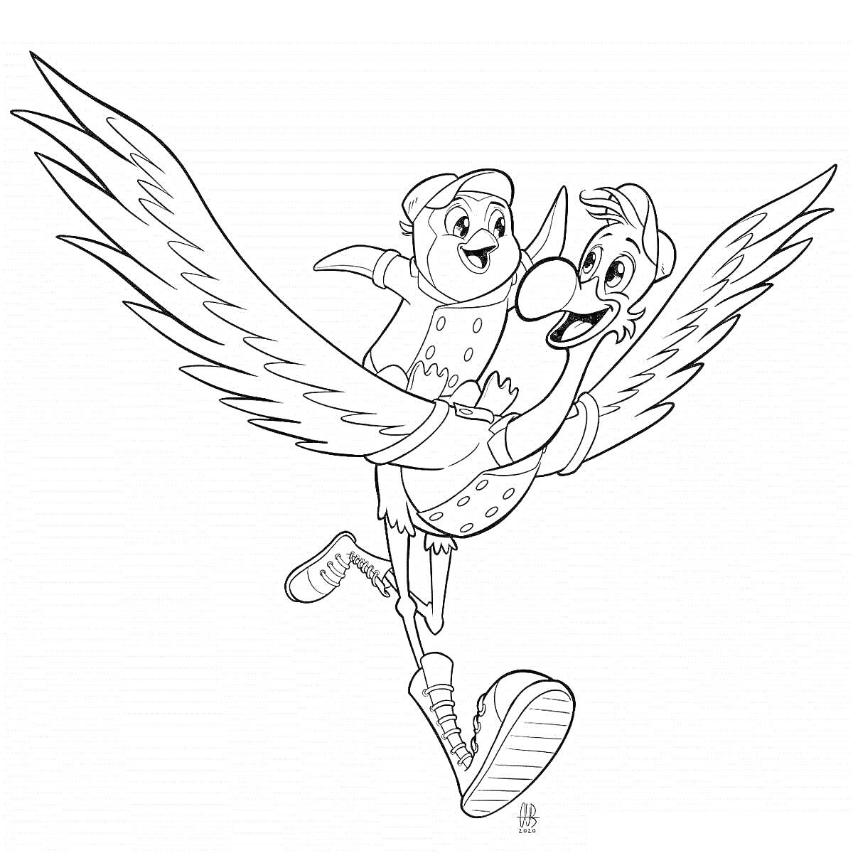 Раскраска Птицы в полете с детенышем