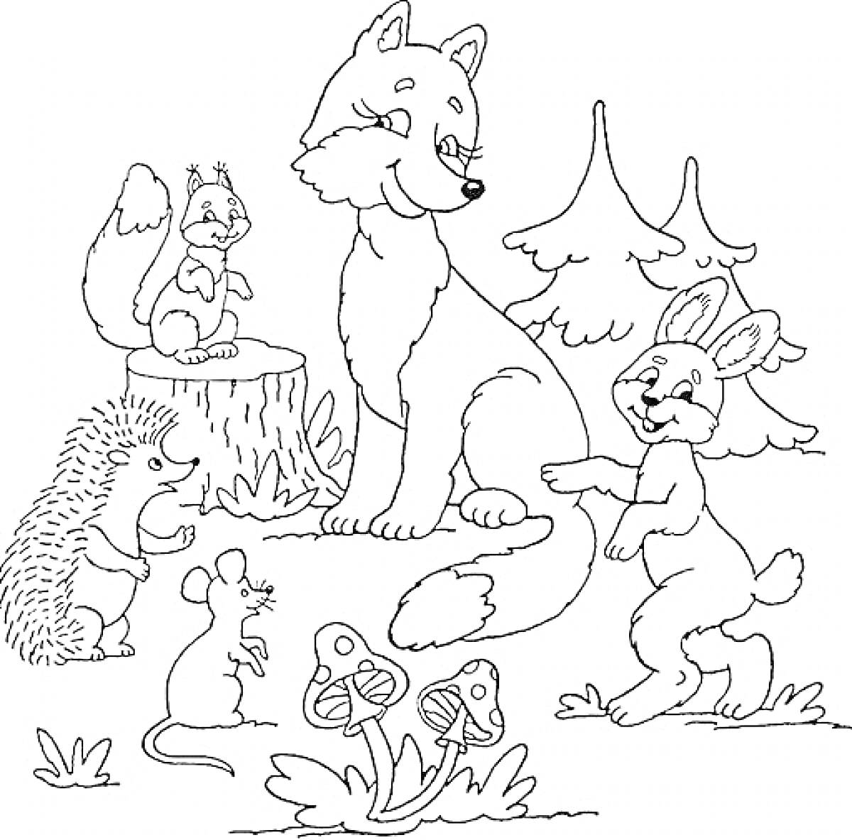 На раскраске изображено: Лиса, Белка, Мышь, Грибы, Поляна, Для детей, Дошкольники