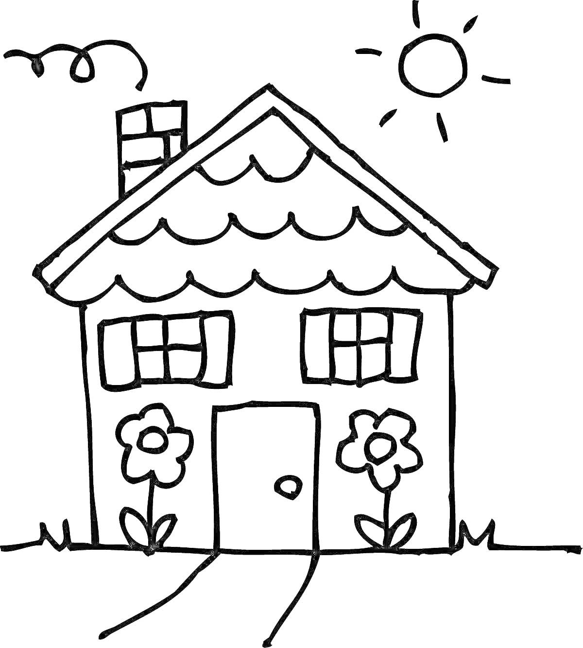 На раскраске изображено: Дом, Цветы, Окна, Ставни, Дверь, Трава, Солнце, Дымоход