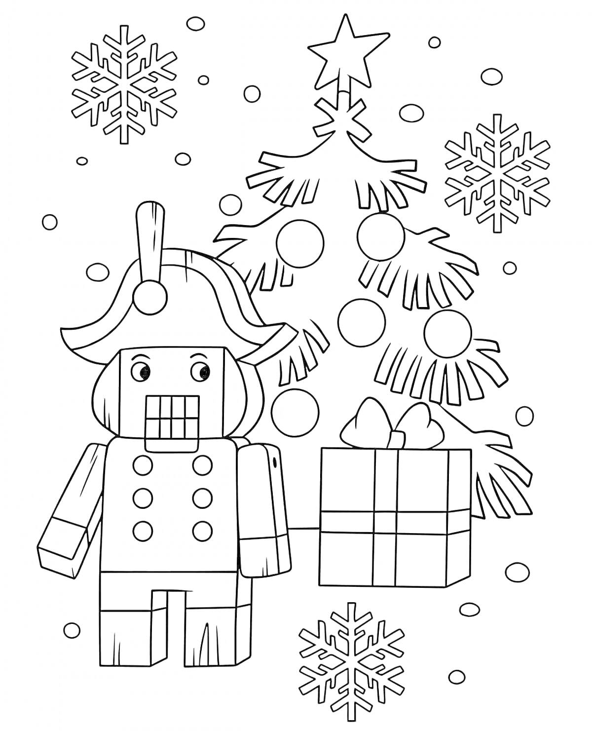 На раскраске изображено: Щелкунчик, Рождественская елка, Снежинки, Новогодние украшения