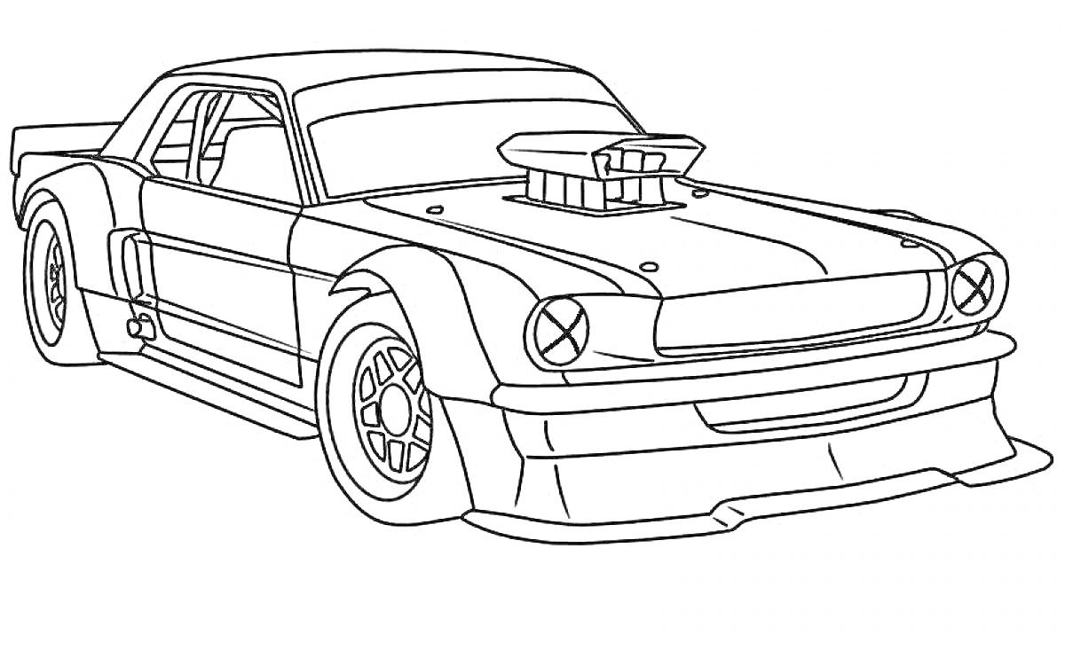Раскраска Раскраска Ford Mustang с массивным капотом, спойлером, расширенными колесными арками и спортивной комплектацией