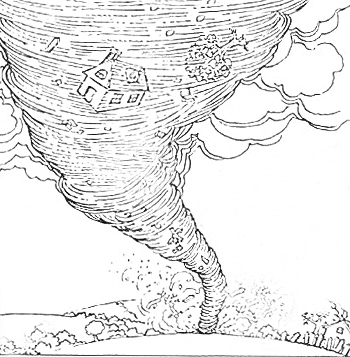 Раскраска Ураган, кружащий дом и дерево в воздухе над землёй