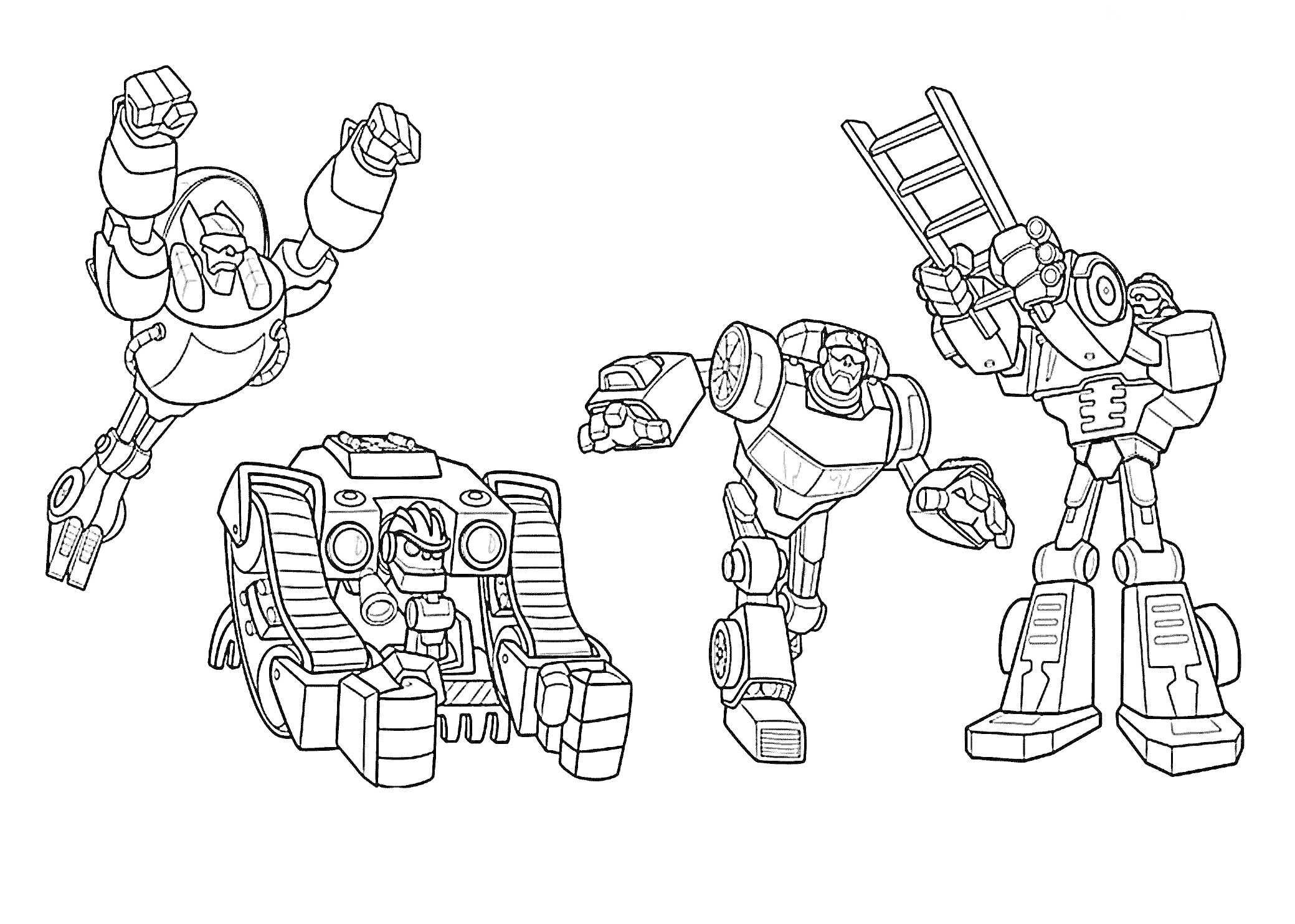 Раскраска Четыре робота: робот, прыгающий с поднятыми руками; робот-гусеница с двумя глазами-лампочками; робот с согнутыми руками для удара; робот с лестницей вместо одной руки