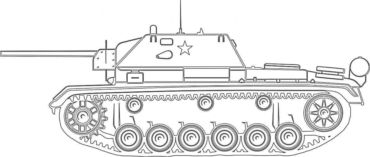 Раскраска танк Т-34 с пушкой, звездой на башне, антеннами и гусеницами