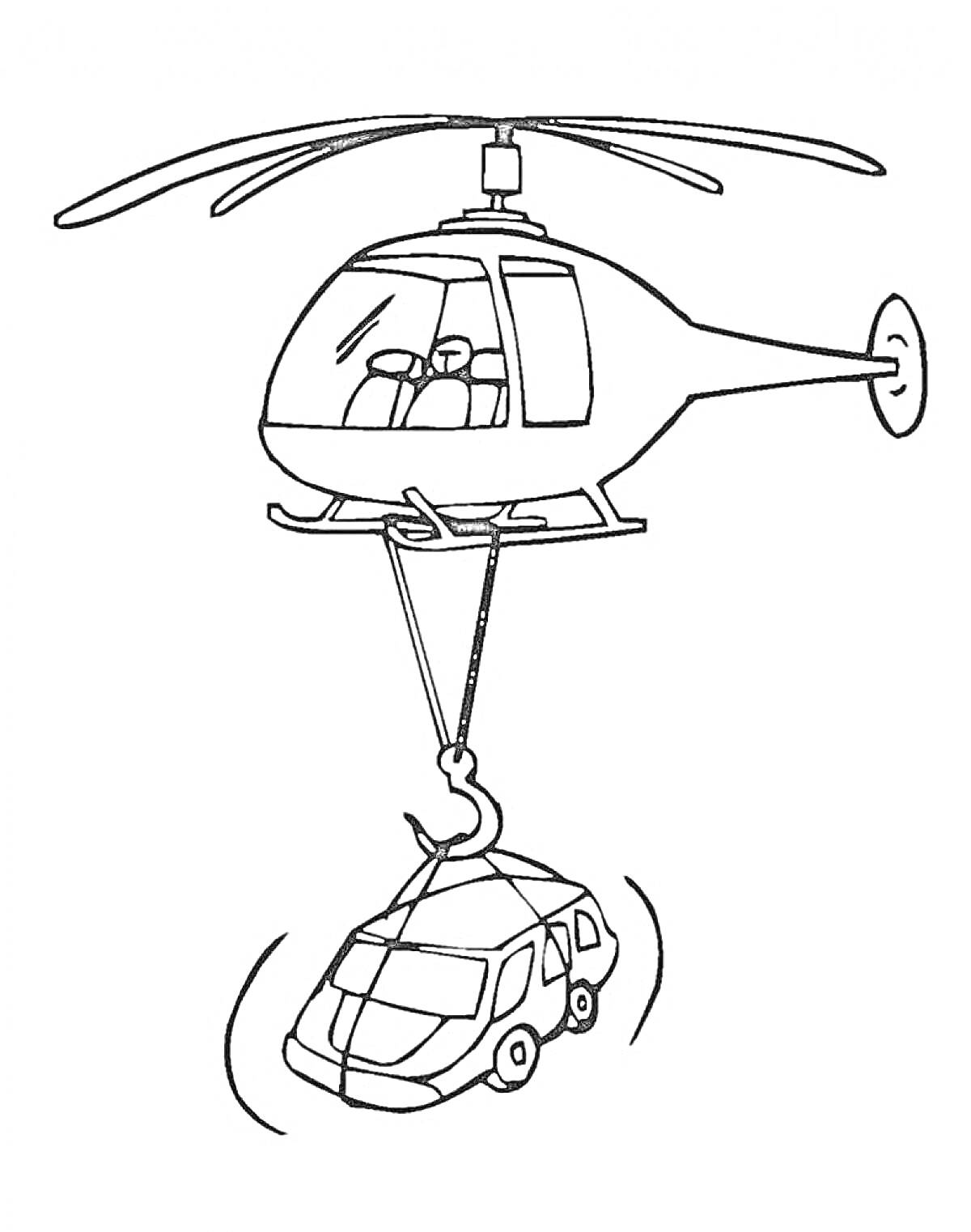 На раскраске изображено: Вертолет, Воздушный транспорт, Для детей, Спасательная операция, Крюк, Веревка