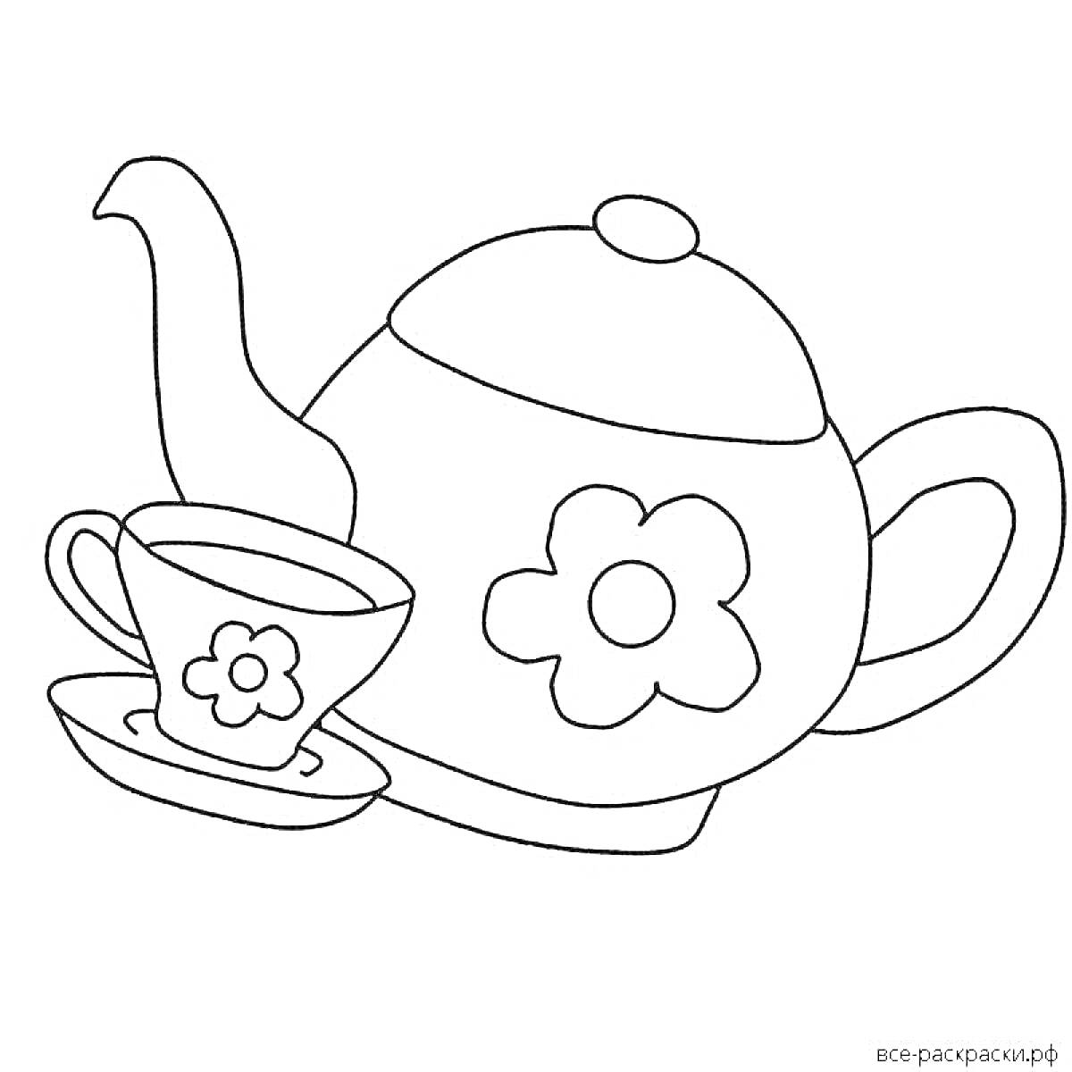 Раскраска Чайник с цветком и чашка с блюдцем