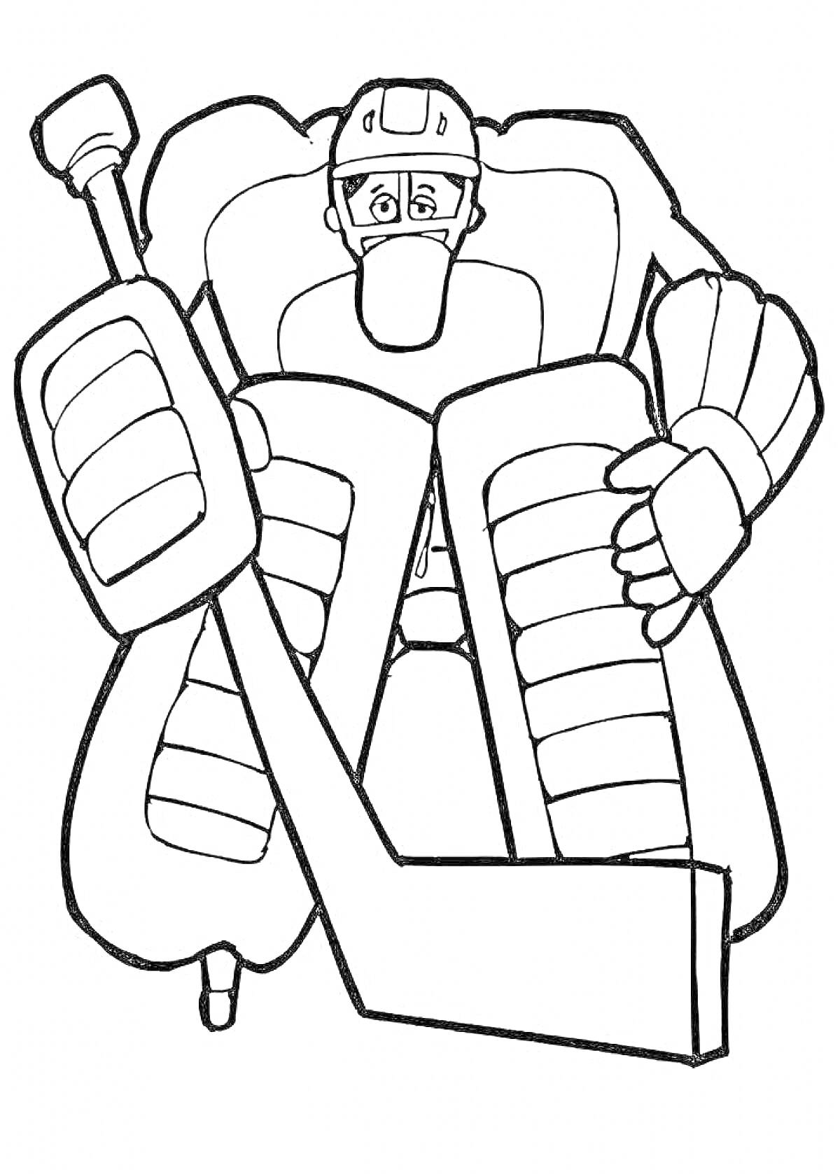 Раскраска Хоккейный вратарь в полной экипировке с клюшкой и защитными щитками