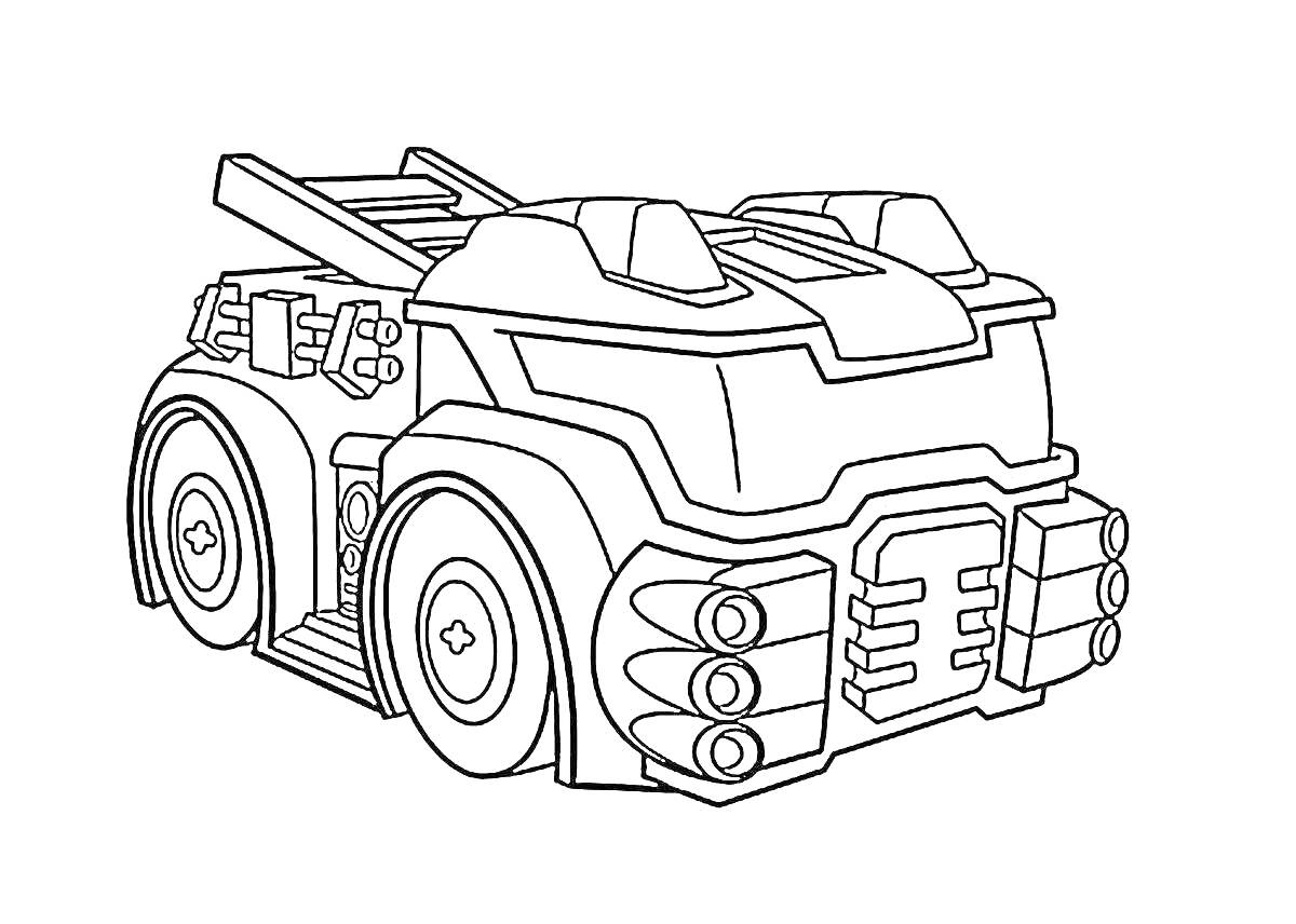 Раскраска Военный транспорт-трансформер с ракетными установками и мощными колесами