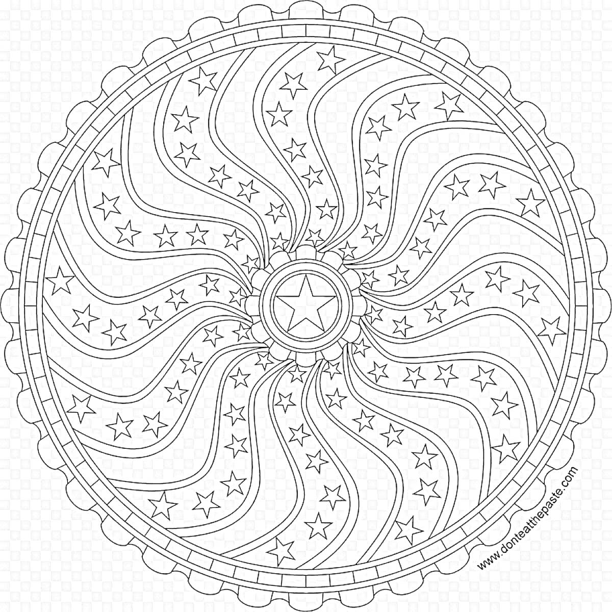 Раскраска Круглый медитативный элемент с волнистыми линиями и звездами