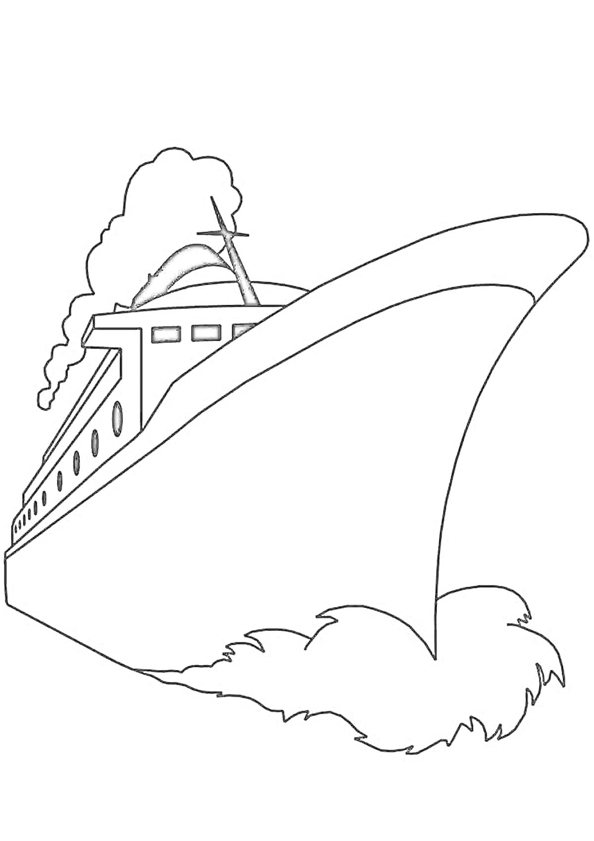 На раскраске изображено: Пассажирский корабль, Морской транспорт, Дым из трубы, Иллюминаторы, Волны