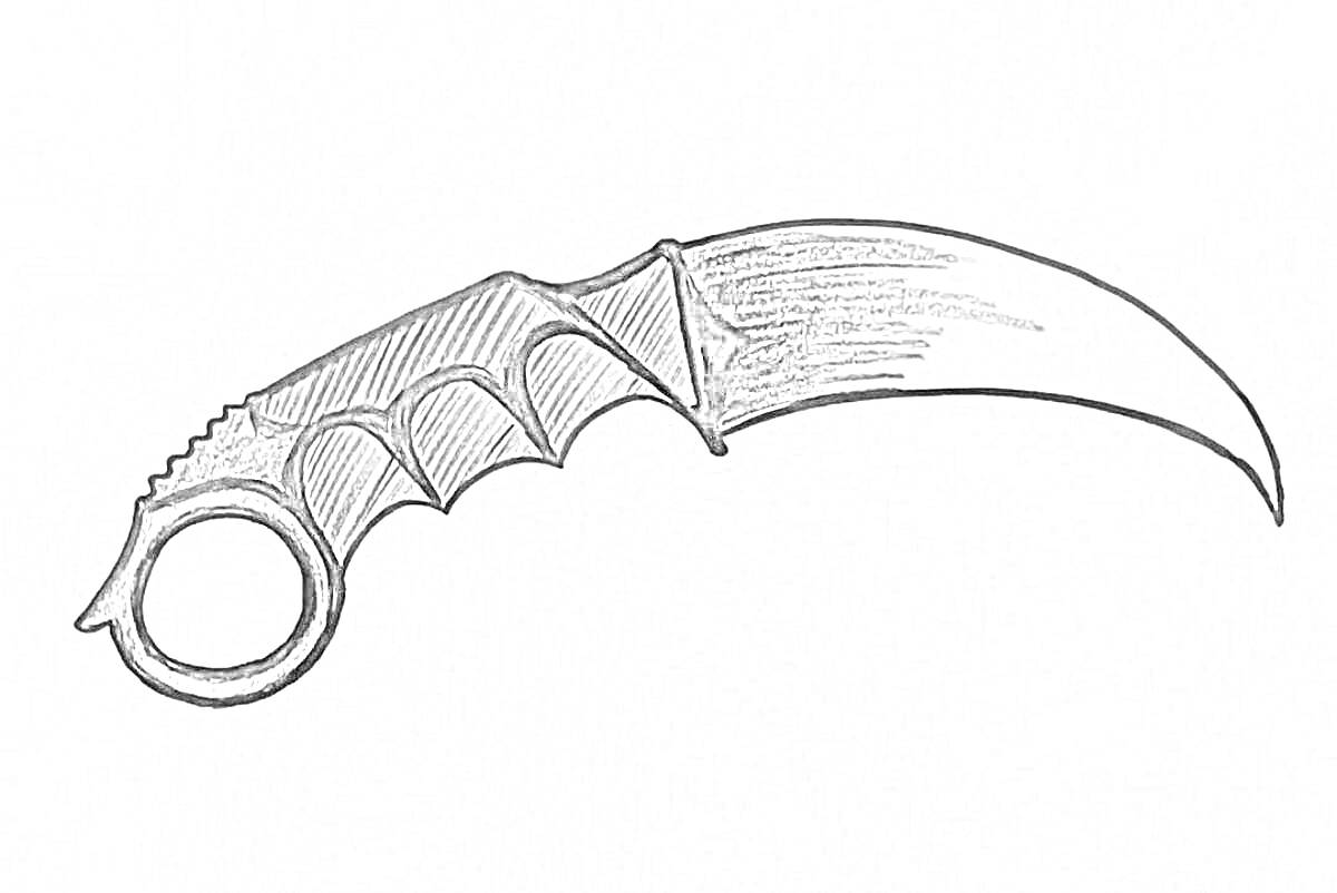 Раскраска Чёрно-белый эскиз ножа керамбит с изогнутой ручкой и кольцом для пальца