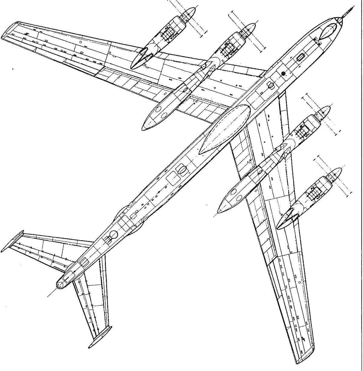 На раскраске изображено: Ту-95, Двигатели, Крылья, Фюзеляж, Хвост, Оперение