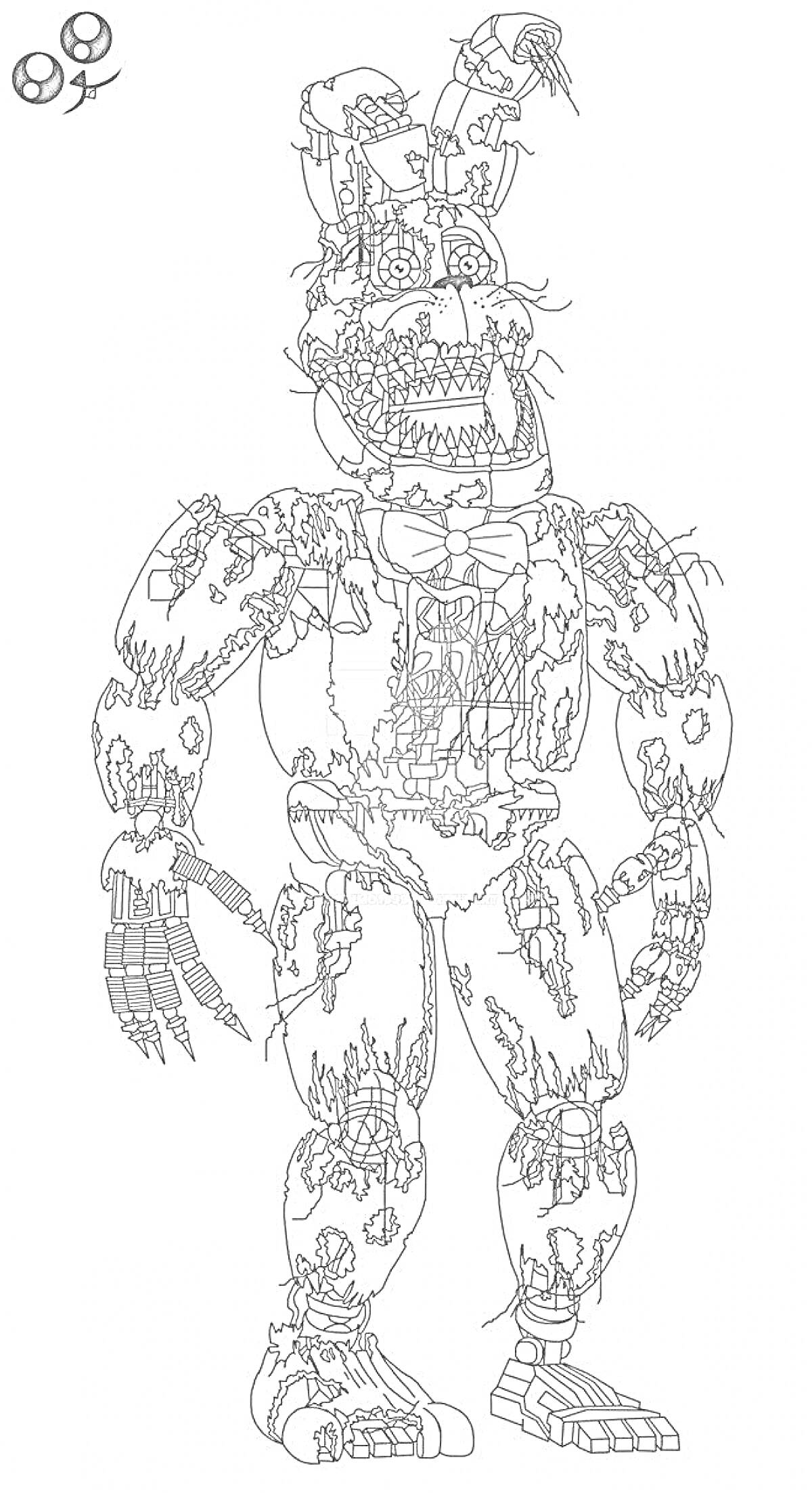 Раскраска Поврежденный аниматроник с длинными ушами, механическими деталями и зубами, бантом