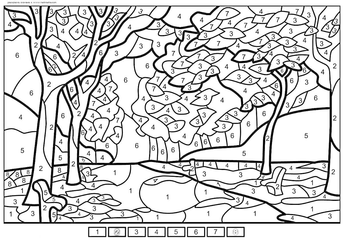 Раскраска Раскраска по номерам: лесная сцена с деревьями и дорожкой