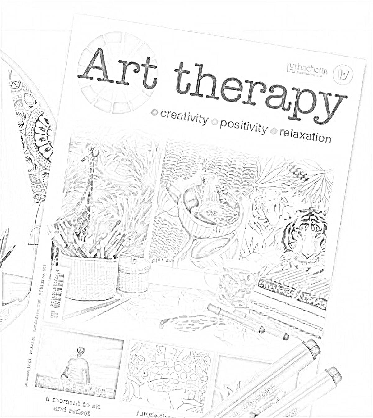 Раскраска Art therapy от hachette, рисунки растений и горы, 3 фломастера, девушка на берегу, кактусы в горшках