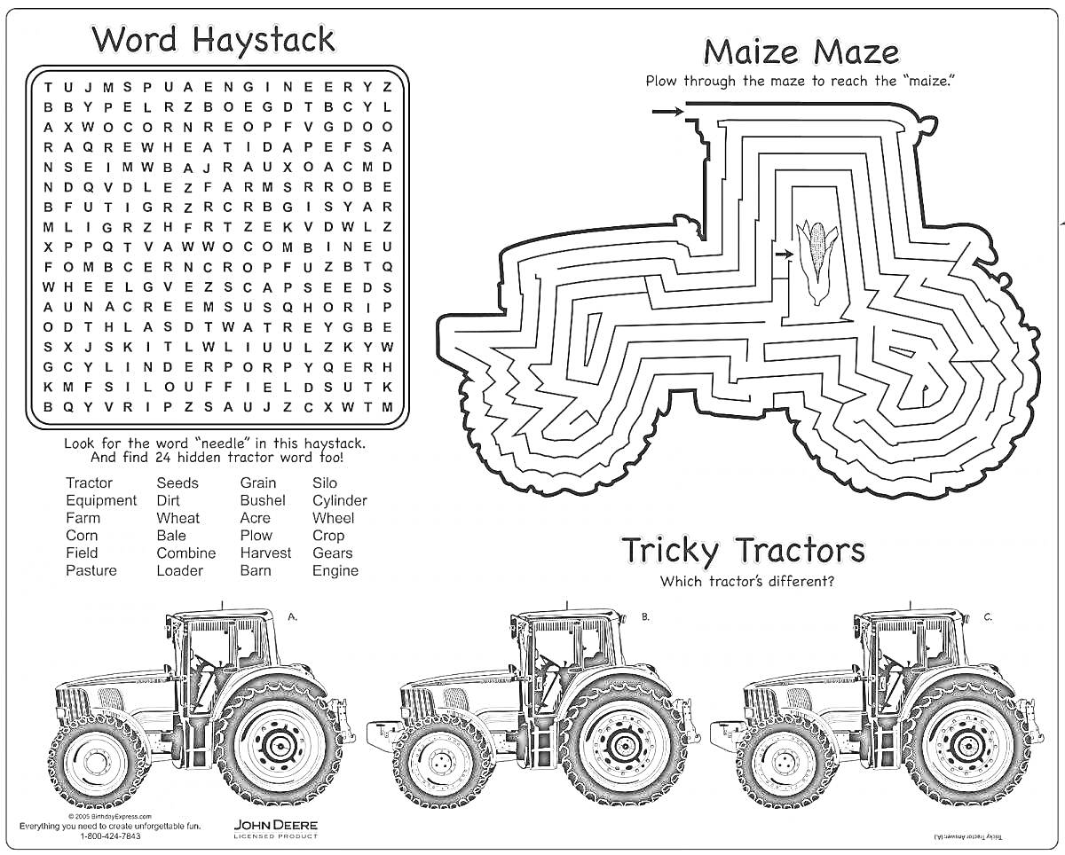 Раскраска с заданиями: лабиринт в форме трактора, слово-поиск и найдите отличия среди тракторов