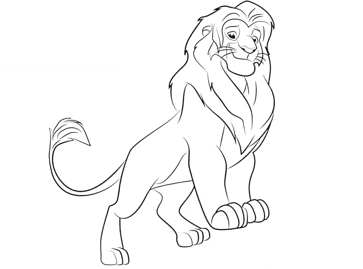 На раскраске изображено: Лев, Король лев, Грива, Задние лапы