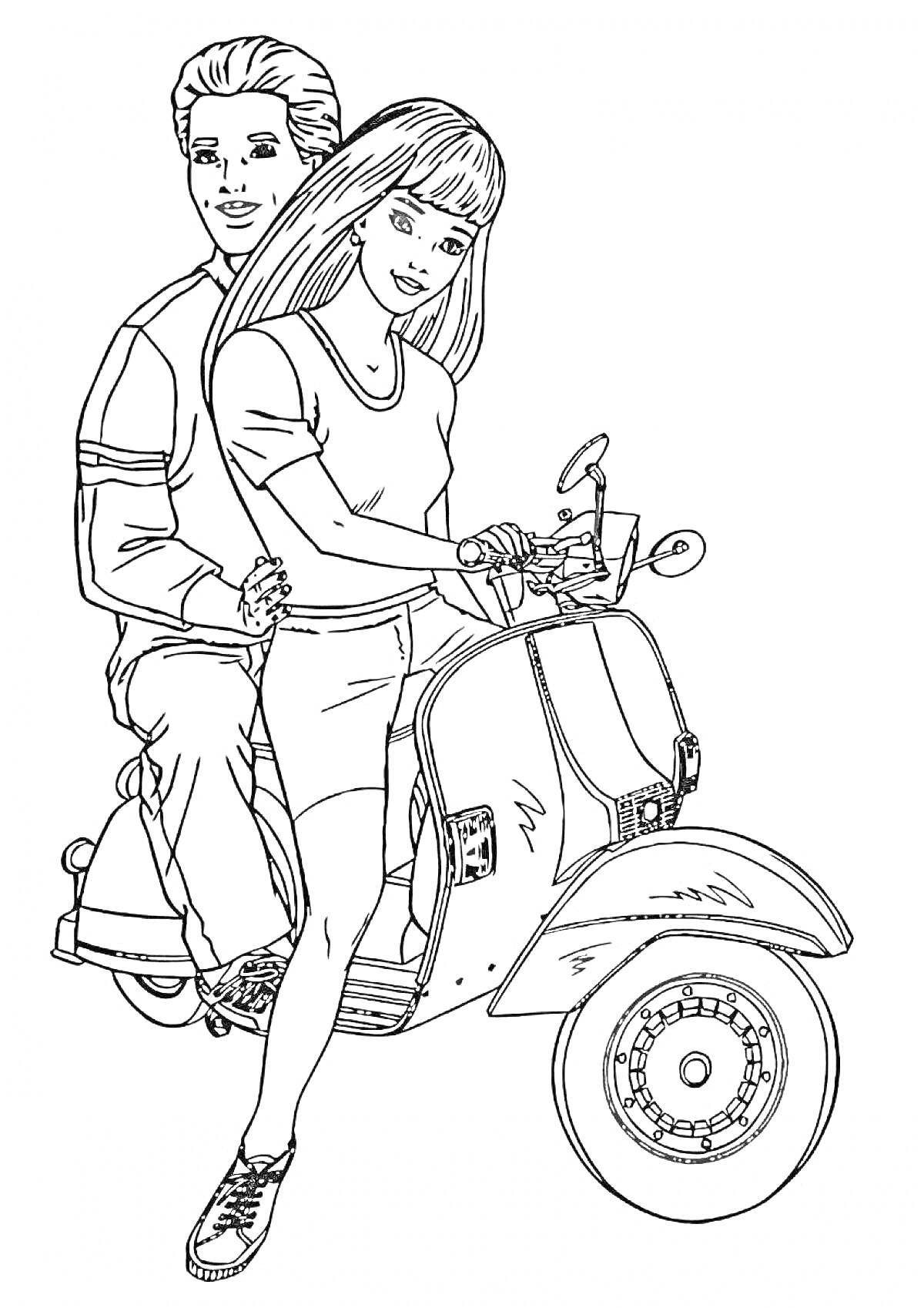 Раскраска Кен и Барби на скутере