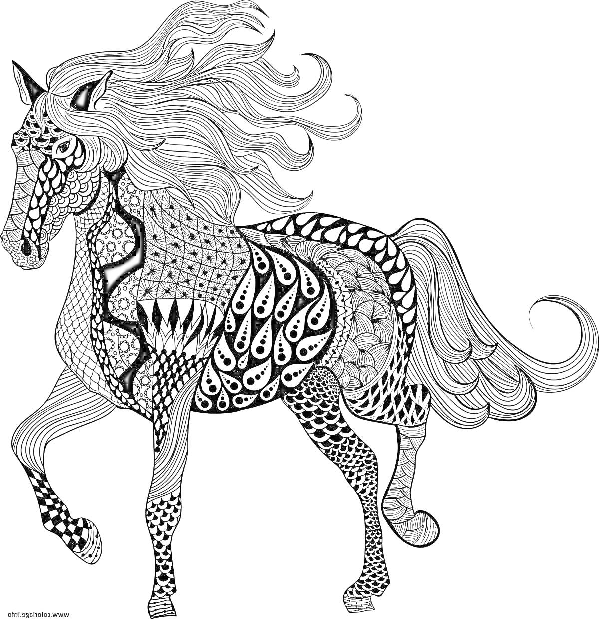 На раскраске изображено: Лошадь, Узоры, Линии, Арт, Творчество