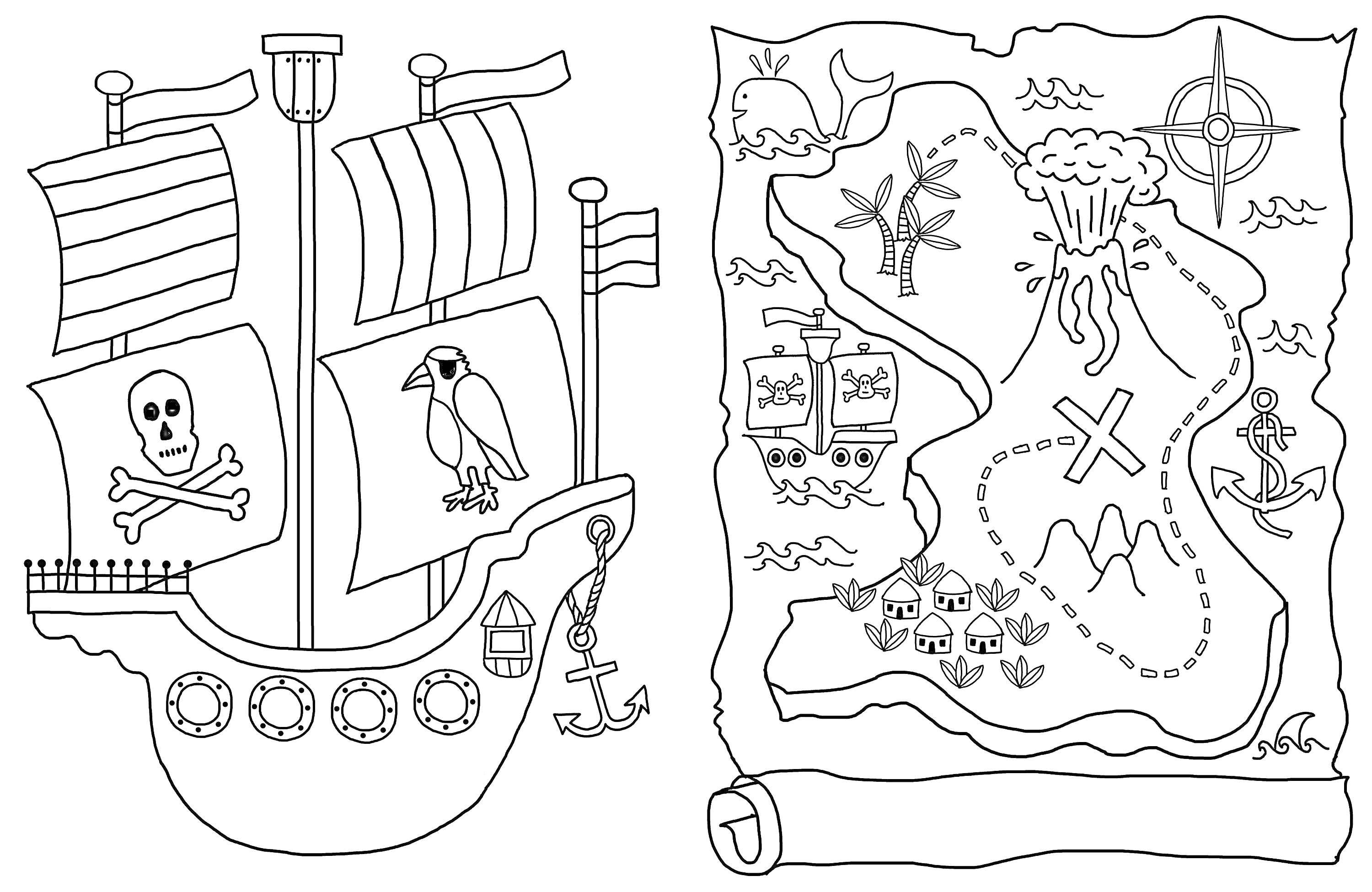 Раскраска Карта сокровищ с пиратским кораблем, островом с пальмами, вулканом, драгоценностями, кораблями и компасом