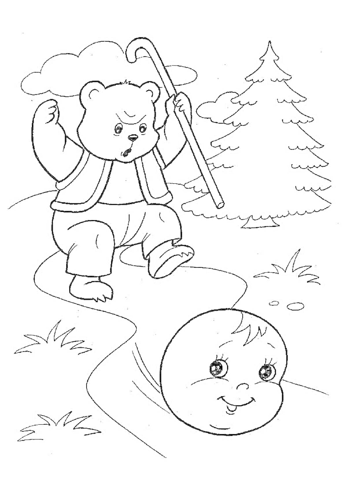 На раскраске изображено: Колобок, Медведь, Лес, Иллюстрация