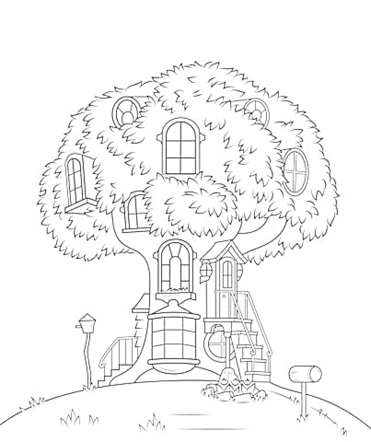 На раскраске изображено: Домик на дереве, Дом, Окна, Лестница, Почтовый ящик, Природа, Для детей, Дверь, Деревья, Уличные фонари