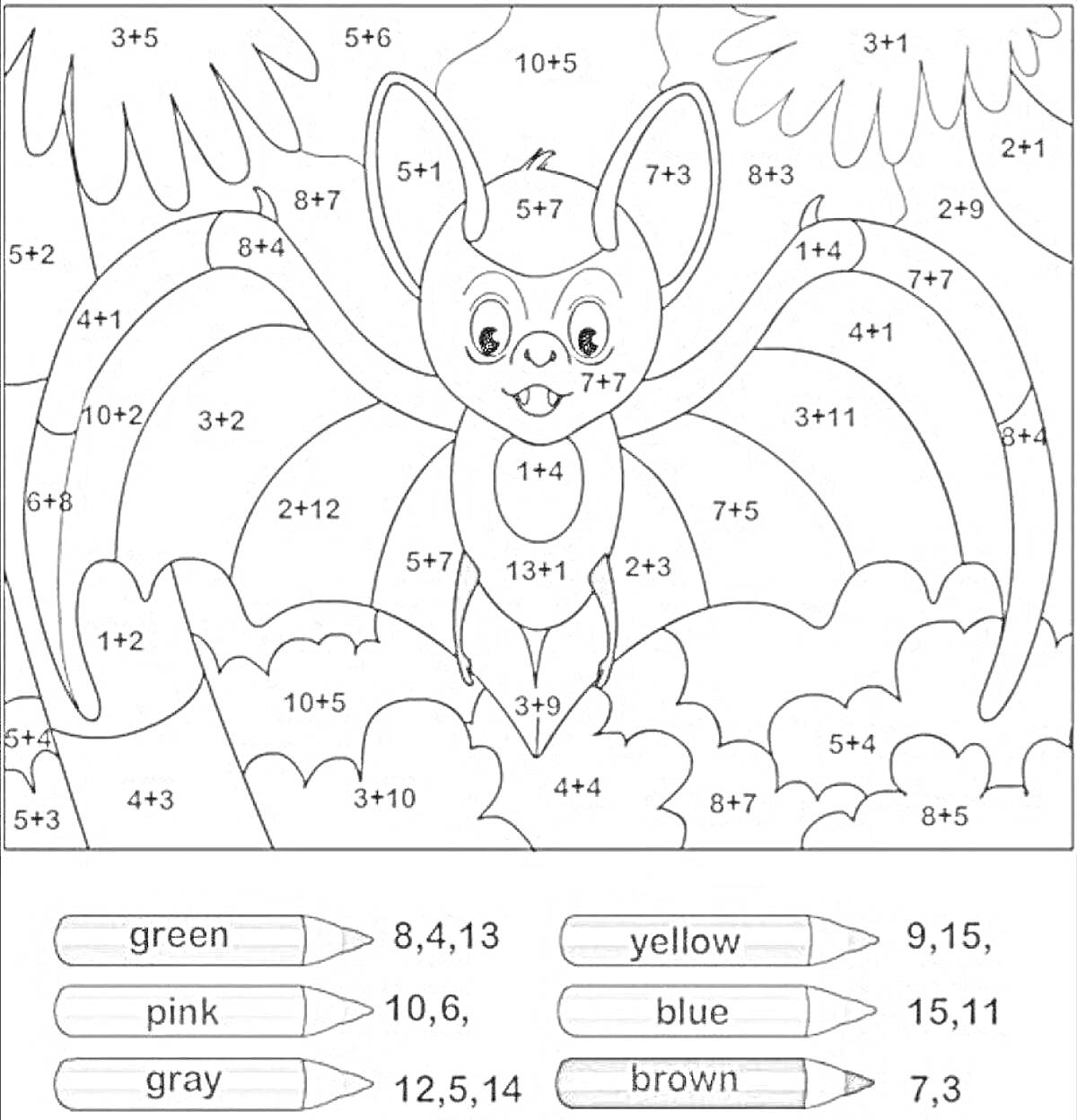 Раскраска Полет летучей мыши с примерами на сложение и раскраской по номерам