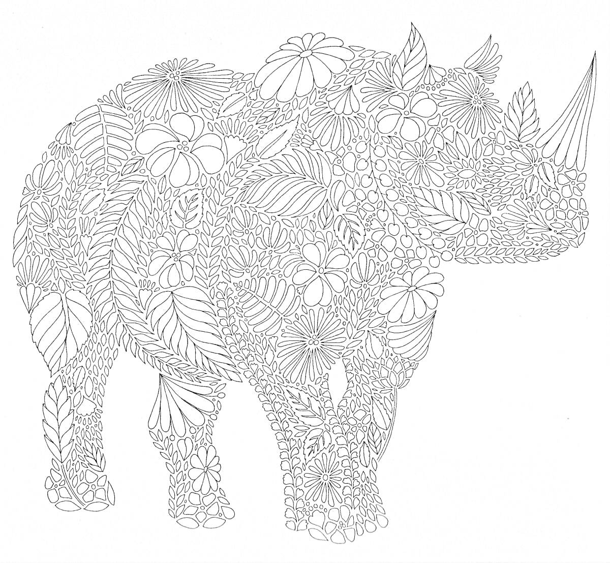 На раскраске изображено: Носорог, Цветы, Листья, Сложные, Флора, Фауна