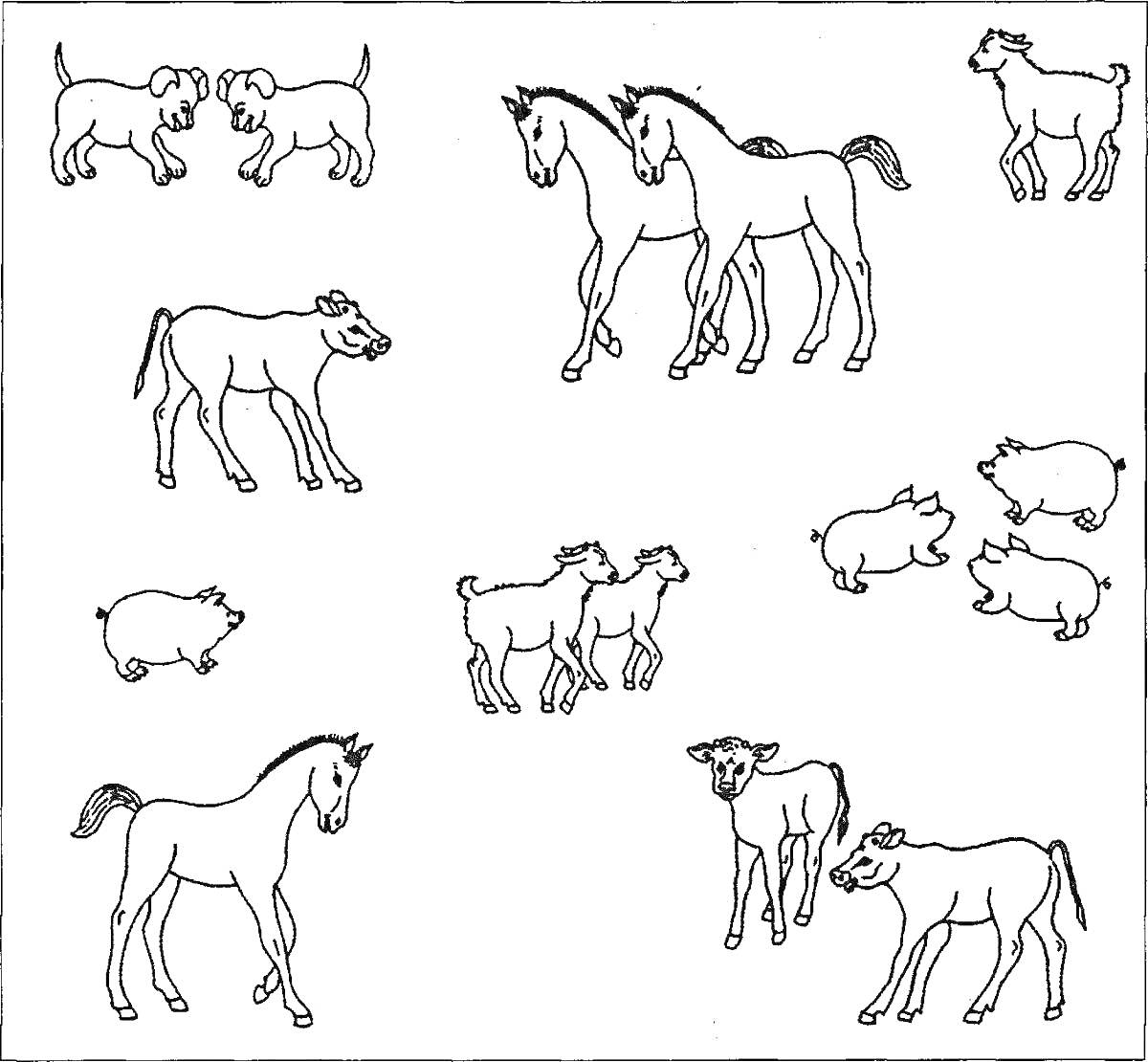 На раскраске изображено: Кони, Лошадь, Козы, Корова, Свиньи