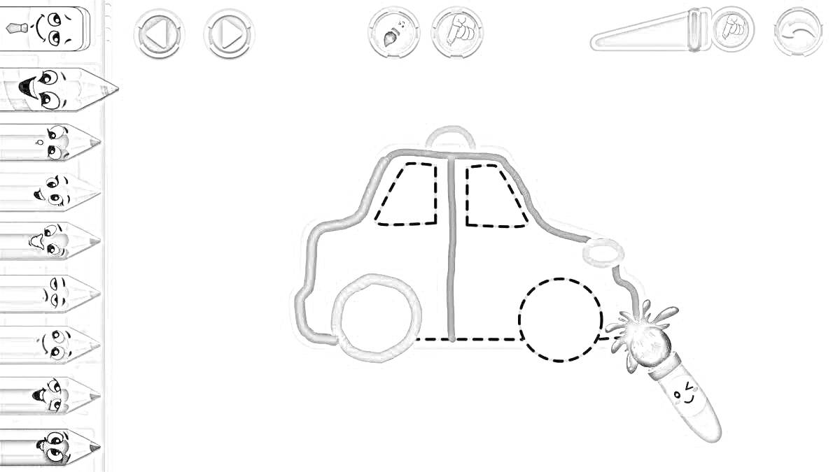 Раскраска раскраска автомобиля в игре на компьютере, инструменты для рисования слева и сверху, карандаш в виде морковки