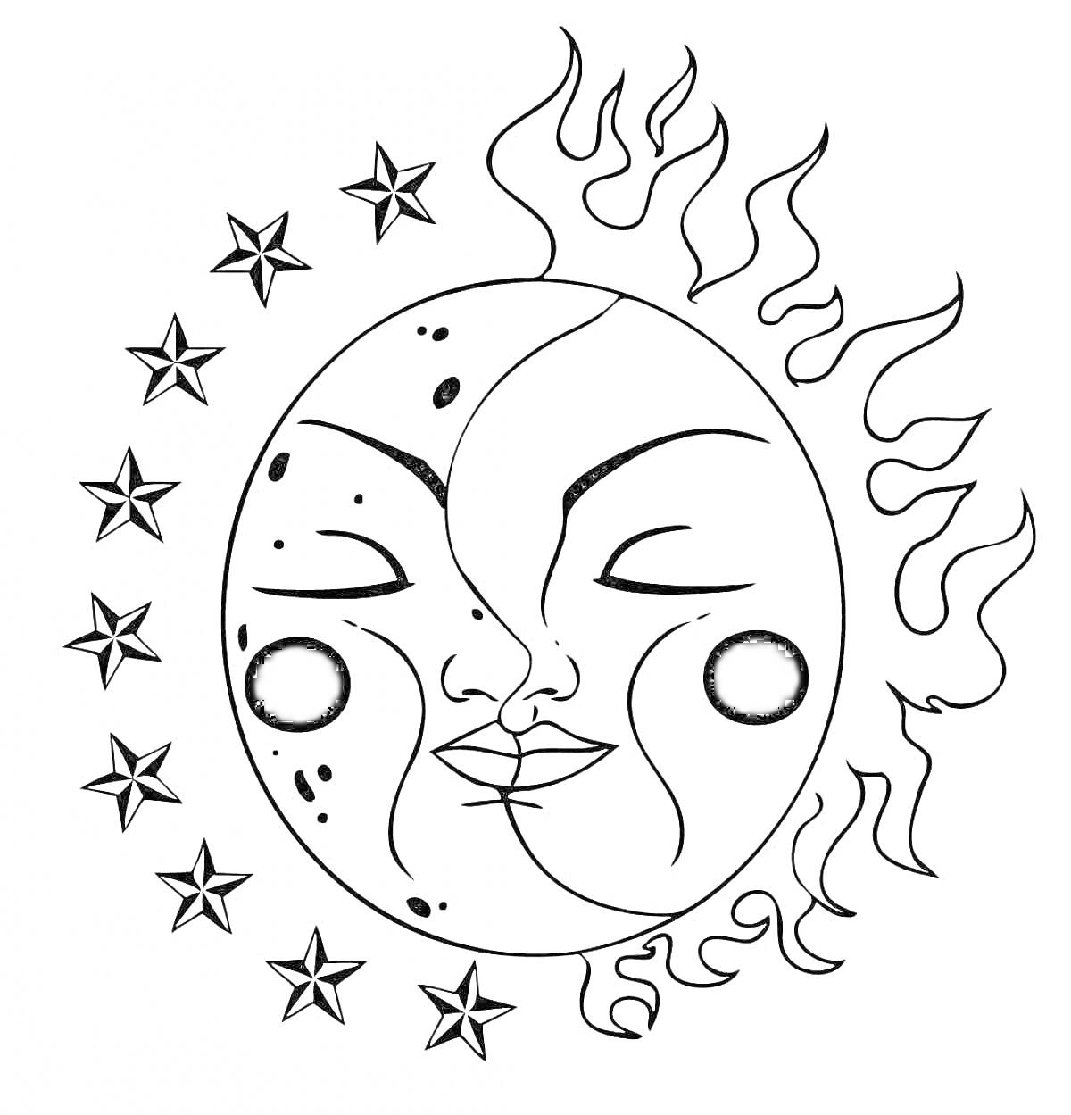 Раскраска Лицо с солнцем и луной, окруженное звездами