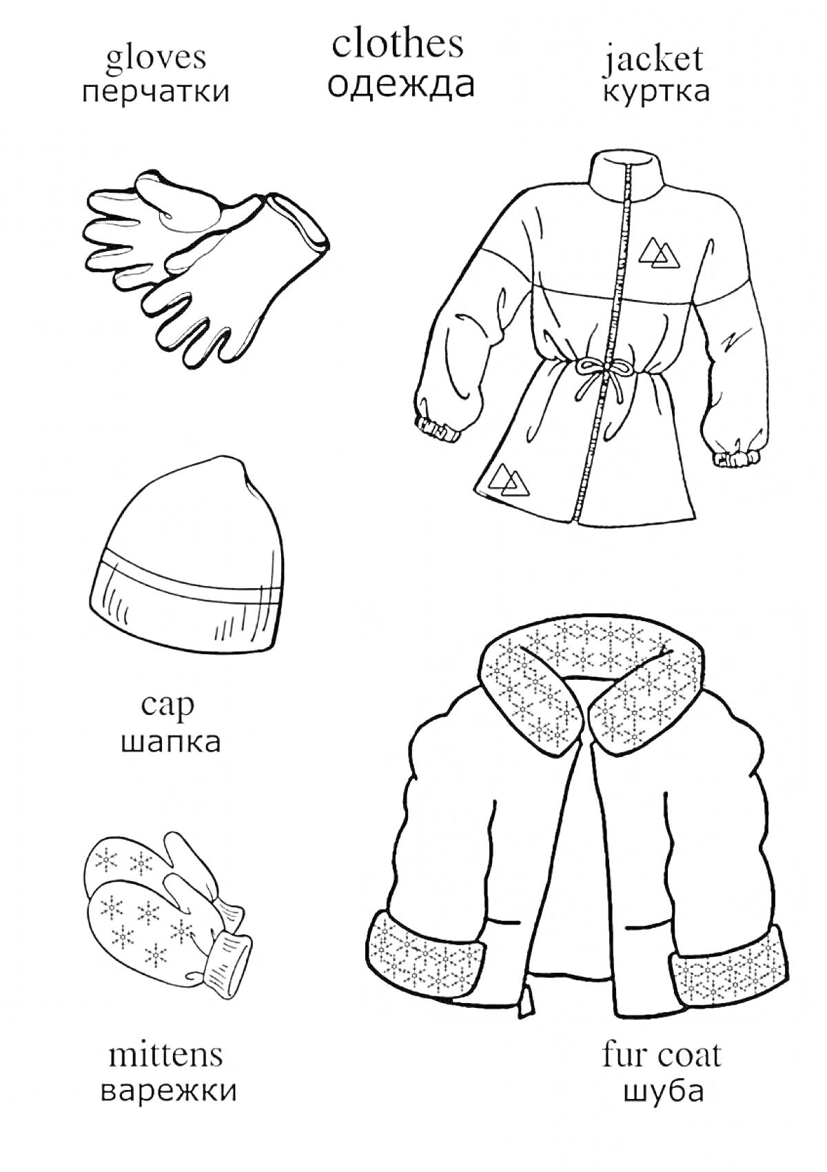 На раскраске изображено: Одежда, Перчатки, Куртка, Шапка, Шуба, Зима, Тепло, Гардероб
