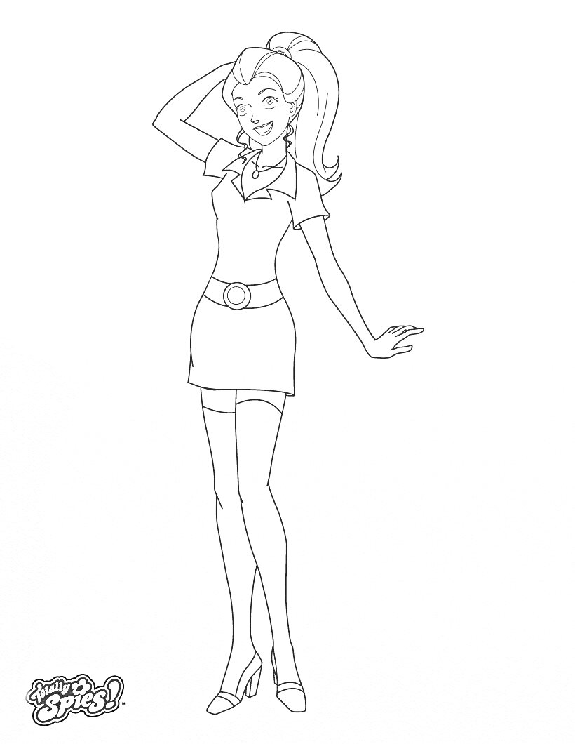 Раскраска Девушка-шпионка в коротком платье с поясом, с хвостом на голове и одной поднятой рукой
