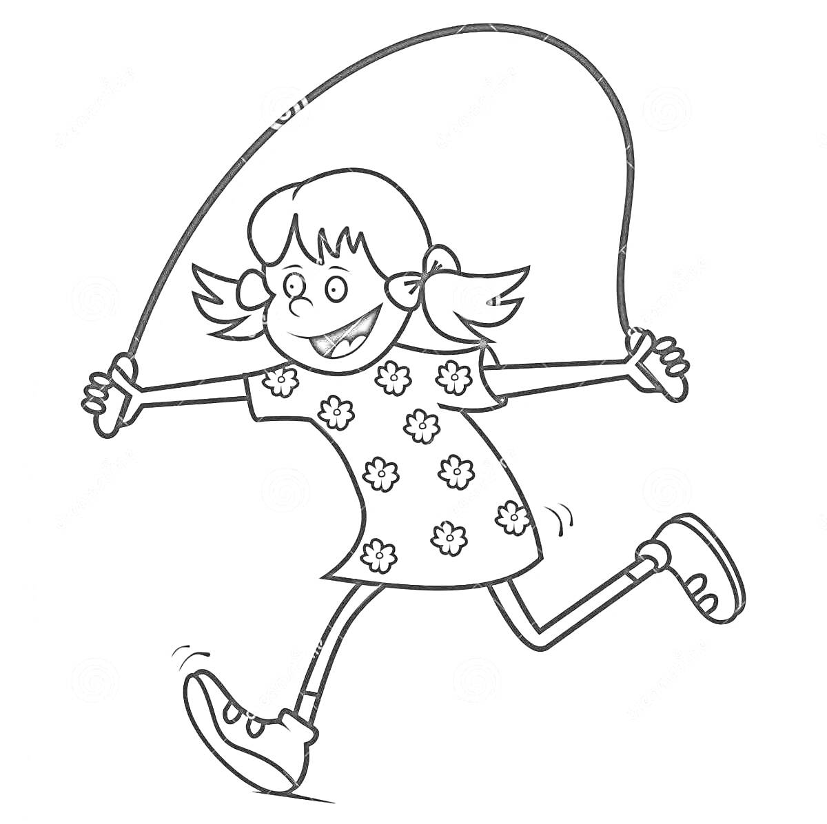 Раскраска Девочка с косичками, играющая со скакалкой