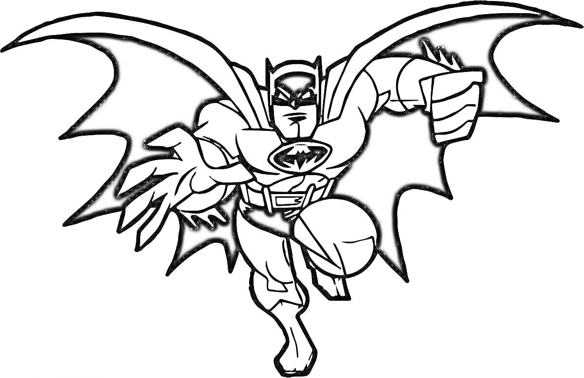 Раскраска Бэтмен в боевой стойке с развернутыми крыльями