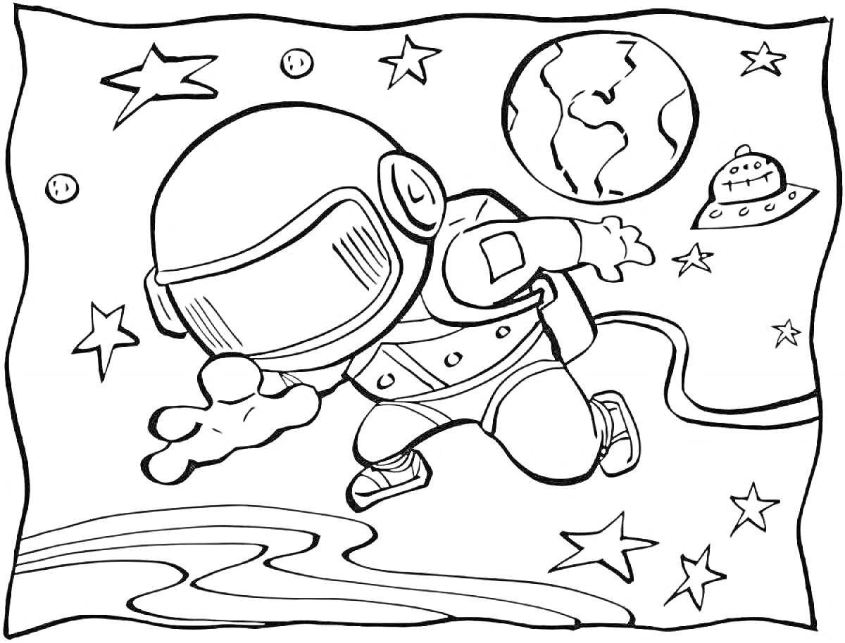 Космонавт в открытом космосе рядом с планетой Земля и летающей тарелкой