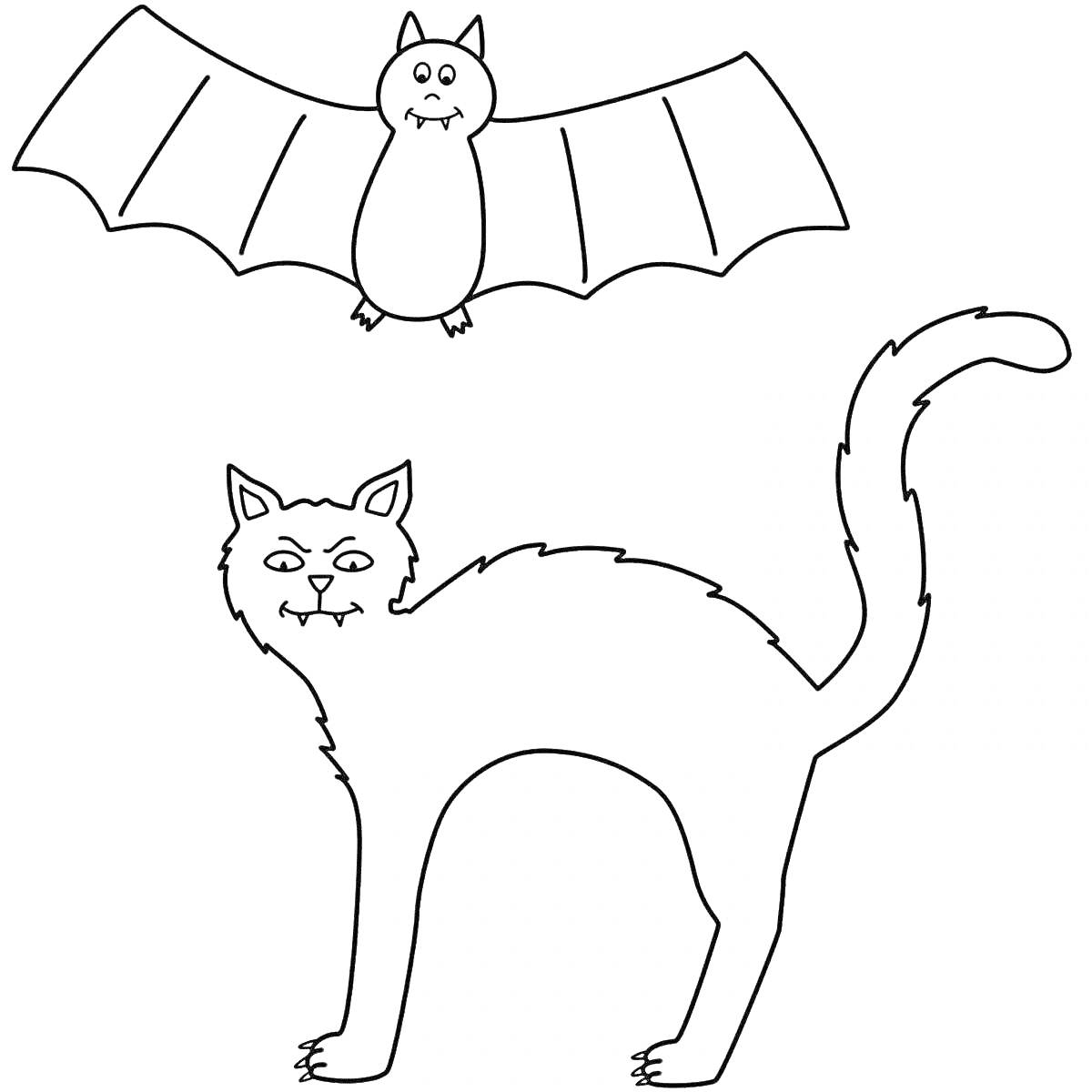 На раскраске изображено: Черный кот, Летучая мышь, Животные