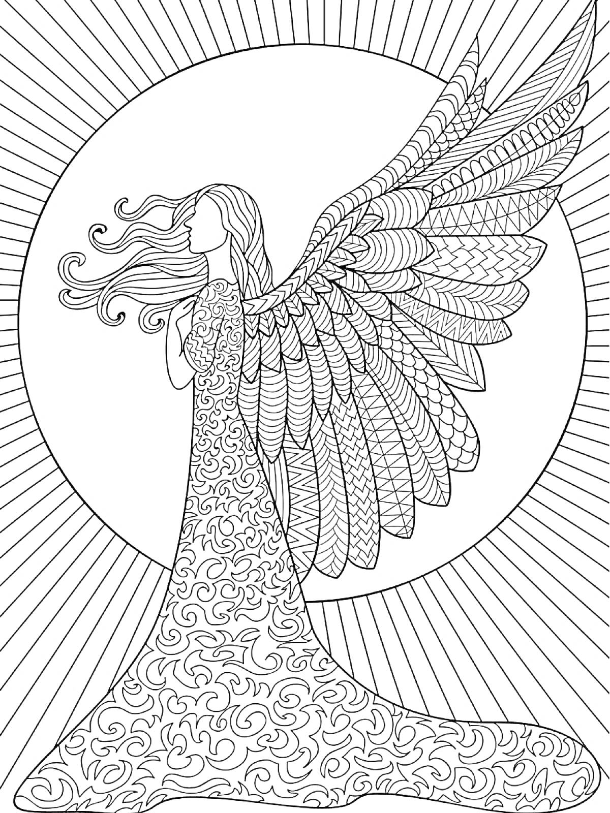 Раскраска Ангел с распущенными волосами в узорчатом платье, с большими крыльями на фоне солнца с лучами