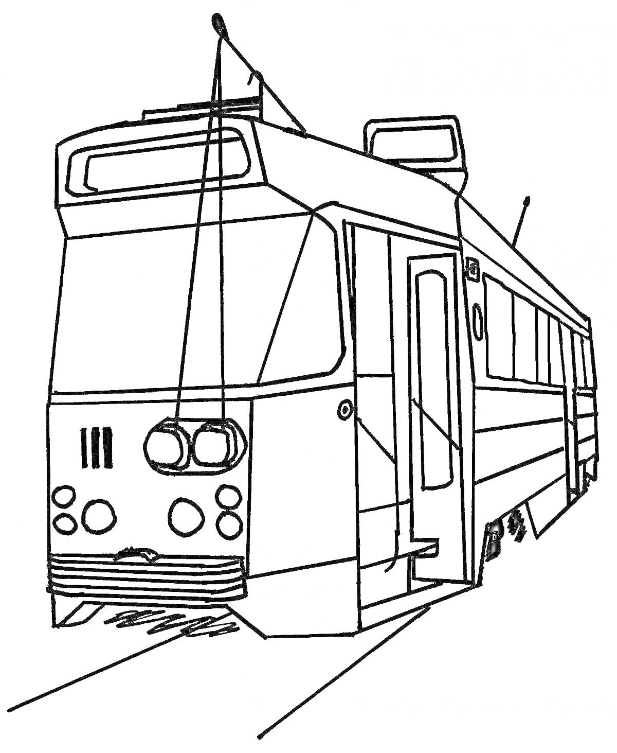 На раскраске изображено: Трамвай, Транспорт, Городской транспорт, Антенны, Дверь, Рельсы