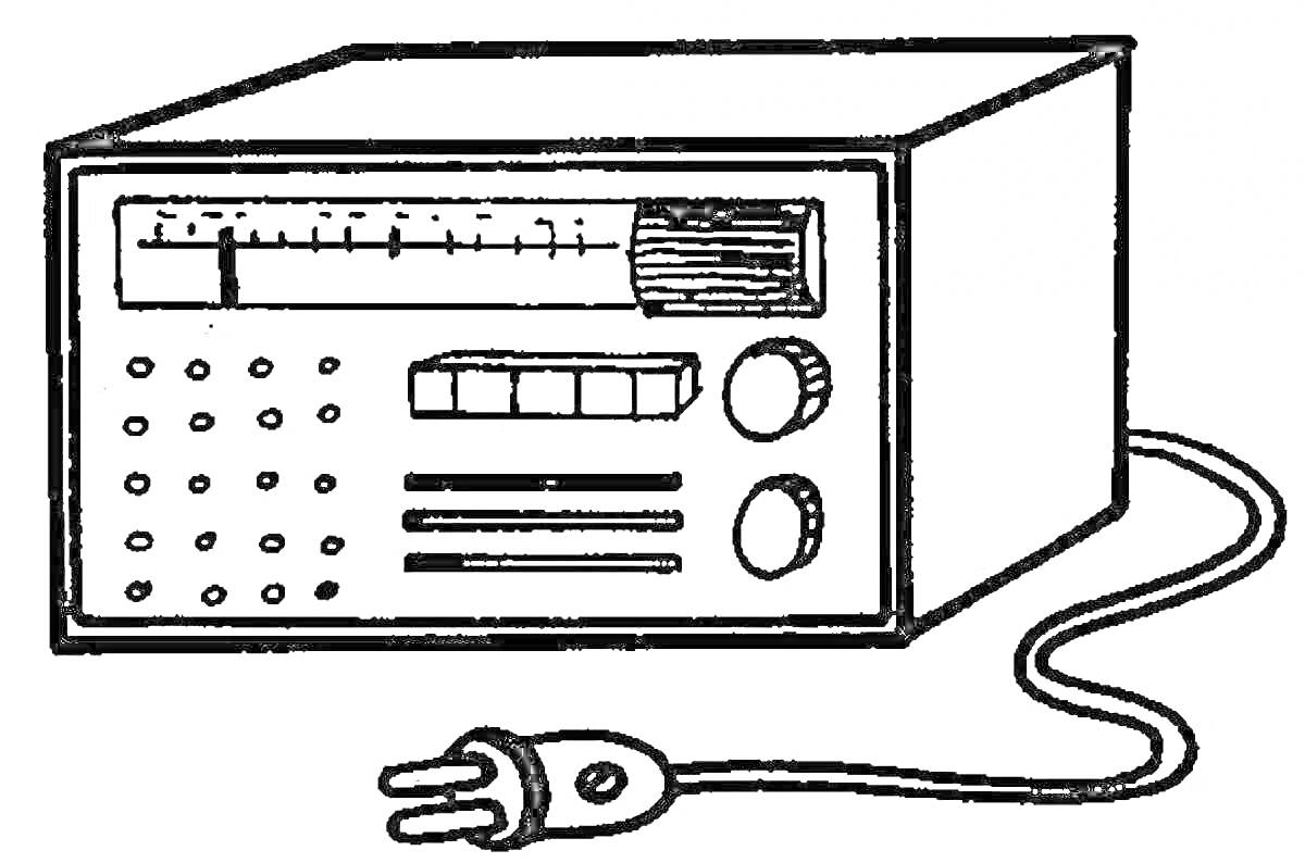 Раскраска Радиоприёмник с антенной, кнопками, ручками и шнуром питания
