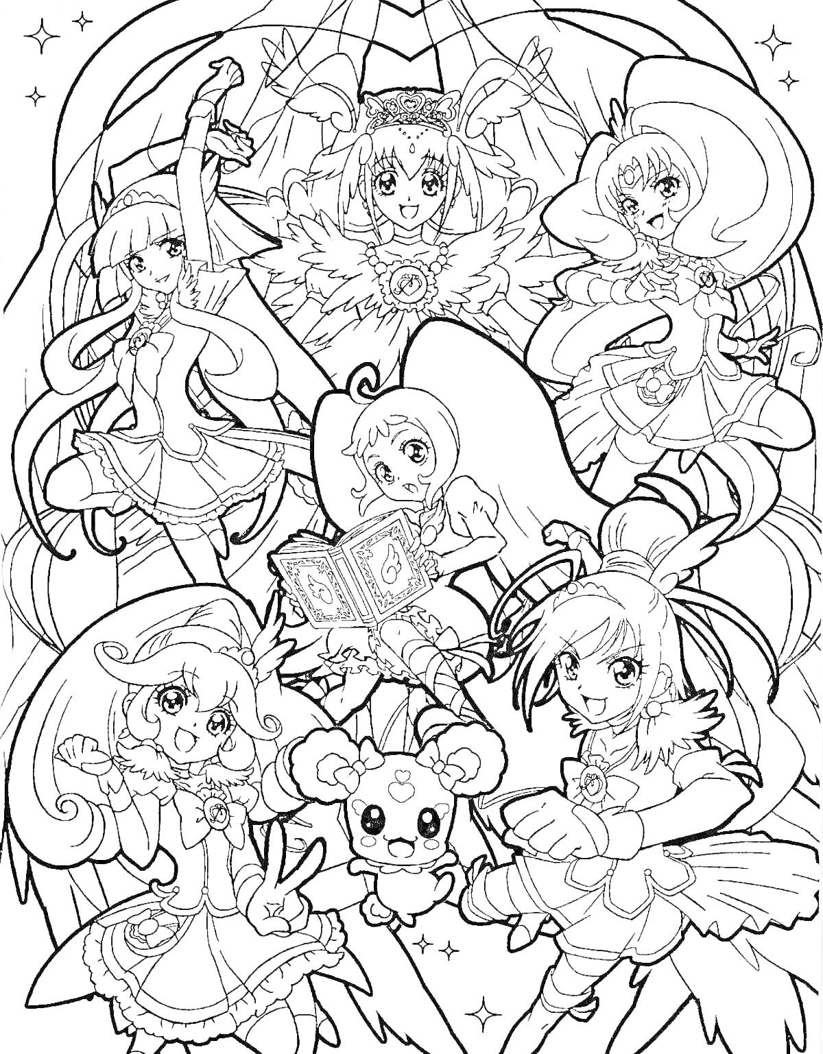 Раскраска Групповая раскраска по серийному аниме о волшебных девочках Precure с шестью персонажами и маленьким магическим существом