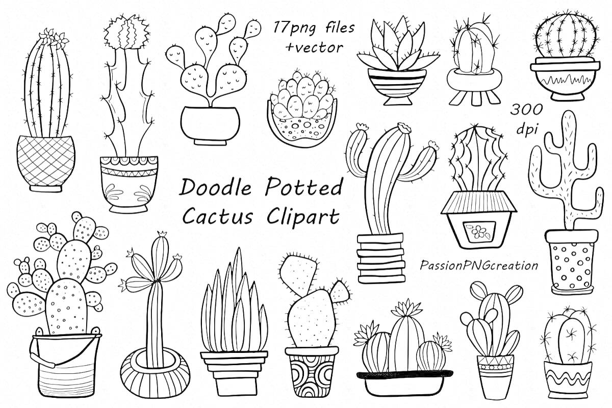 Раскраска Рукописные кактусы в горшочках, 17 элементов - кактусы разной формы и в разных горшках, нарисованные в виде каракулей